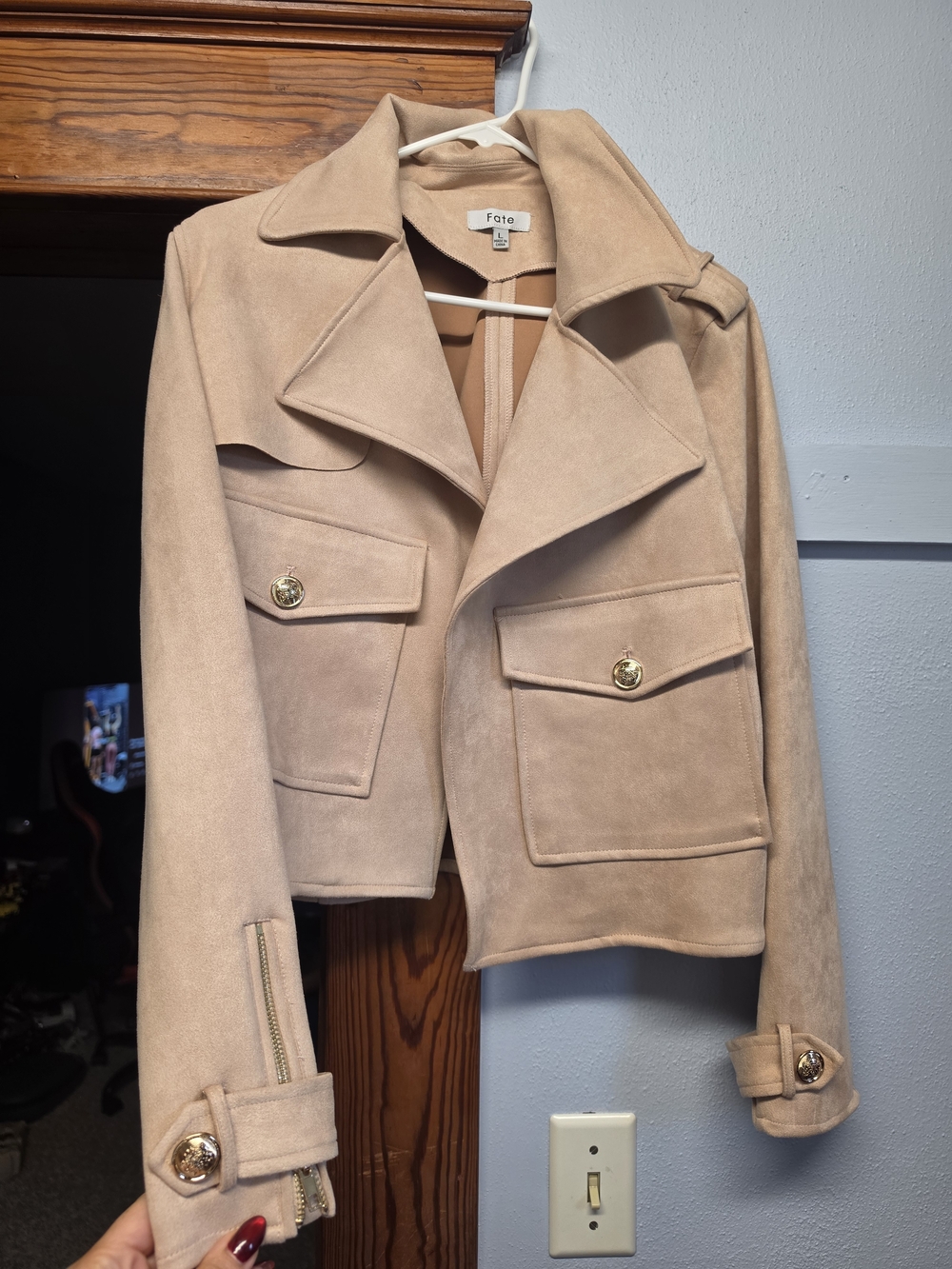 Fate Blush Suede Crop Jacket with Gold Buttons
